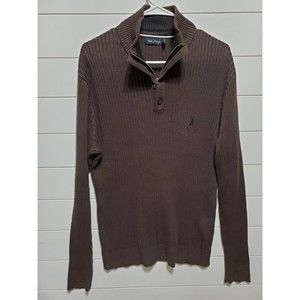 Nautica mens size XL long sleeve dark brown knit 1/4 zip henley pullover sweater